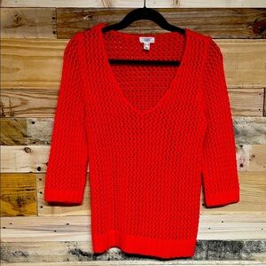 Lands’ End Canvas 1963 size Medium Vibrant Orangish Red V-Neck Open Knit Sweater